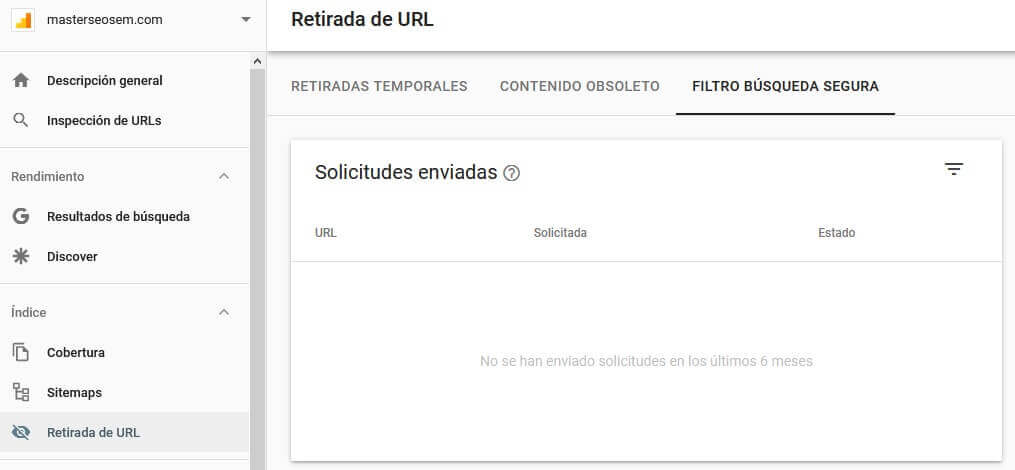 retirada de url de google search console: filtro búsqueda segura