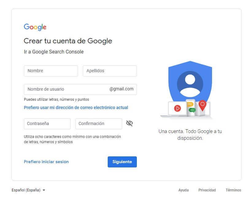 tutorial search console crear cuenta de google