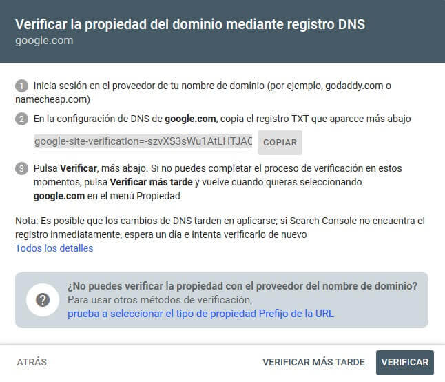 tutorial search console verificar propiedad dominio